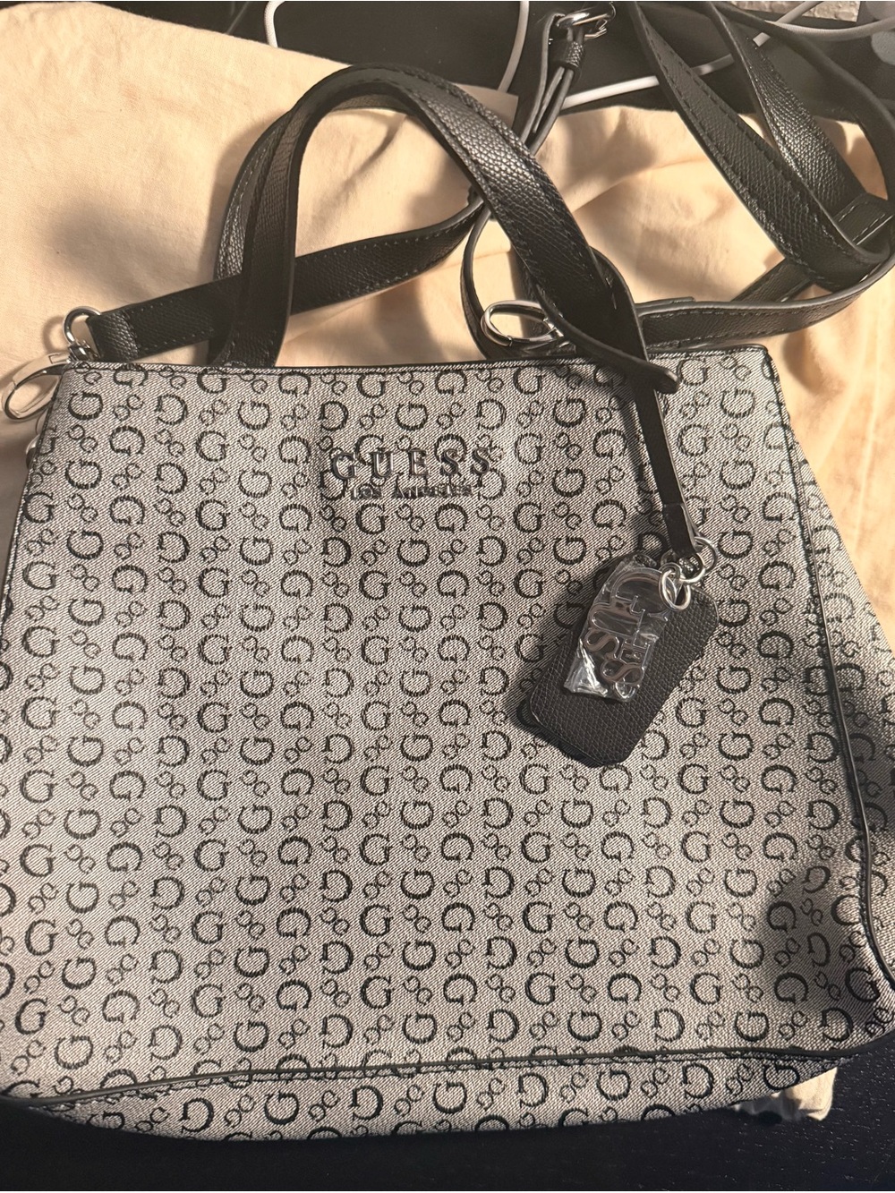 GUESS Grey Monogram Tote with Black Trim and Charm